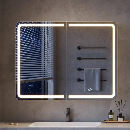 mojiasion 2-türiger Spiegelschrank Bad mit Beleuchtung – 80 cm breit, Alibertschrank mit LED, Touch-Sensor, 3 Lichtfarben, dimmbar & integrierter Ladestation (2 USB + 2 Steckdosen)