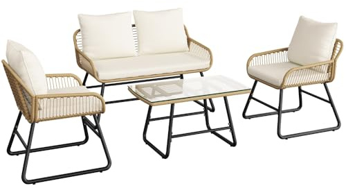 Yaheetech Mobili da Giardino Balcone 4 Pezzi Polyrattan, Salotto Esterno Divanetto 2 Posti con 2 Poltrone e Tavolo, Cuscini Morbidi Rimovibili, Struttura Resistente Sole Pioggia Stile Boho Beige/Crema