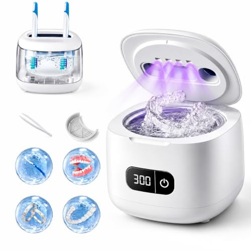 Ultrasonic Retainer Cleaner 49kHz IPX5– 4 UV Lights, 220ML, 4 Modes（White）