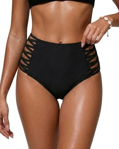 Holipick Women Black High Waisted Bikini Bottoms Tummy Control Swimsuit Bottoms Strappy Swim Bottom L