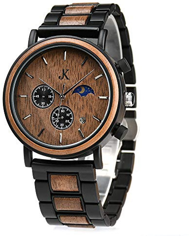 Kim Johanson Herren Holz-Edelstahl Armbanduhr *Military* in Dunkelbraun Chronograph mit Sonne & Mond Anzeige & einem Gliederarmband Handgefertigt Quarz Analog Uhr inkl. Geschenkbox