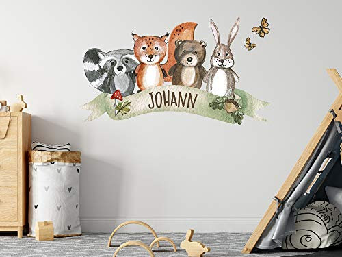 GRAZDesign Wandtattoo Kinderzimmer Waldtiere mit Namen personalisiert | Wandsticker Kinderzimmer | selbstklebende Aufkleber Tiere mit Wunschnamen - 53x30cm