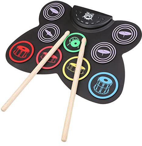 HYQNG Kit de Batterie Pliable Portable, Ensembles de Batterie électroniques Pliables en Silicone, Peut être connecté à Un amplificateur Externe ou à Un Casque, 9 Pads de Batterie pour Les débutants