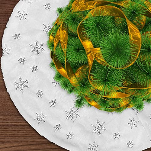 Jsdoin 90cm Weihnachtsbaum Röcke, Weißer Plüsch Weihnachtsbaum Rock mit silbernem Schneeflocken-Druck für Weihnachtsfeiertag Dekorationen, Weihnachtsbaum Deko