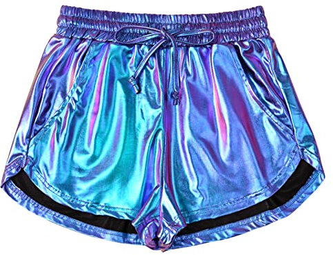 Damen Metallic Shorts Yoga Glänzend Glitzernd Hot Kordelzug Outfit Kurze Hose, Meerjungfrau, X-Groß