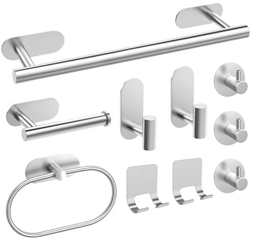AIKER Toalleros de Baño Sin Taladro,Versión mejoradaJuego de Toallero de Baño 10PCS,Acero Inoxidable SUS304 de Espesada Accesorios Baño para Mueble Baño o Colgador Pared Decoracion baño