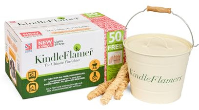 KindleFlamer Firelighters with Kindling and Bucket – 50 Units Natural Fire Lighters for Wood Burner Firepit Bbq Pizza Oven Fireplace Chimenea Barbecue – Firestarter for Log Coal Charcoal Briquette