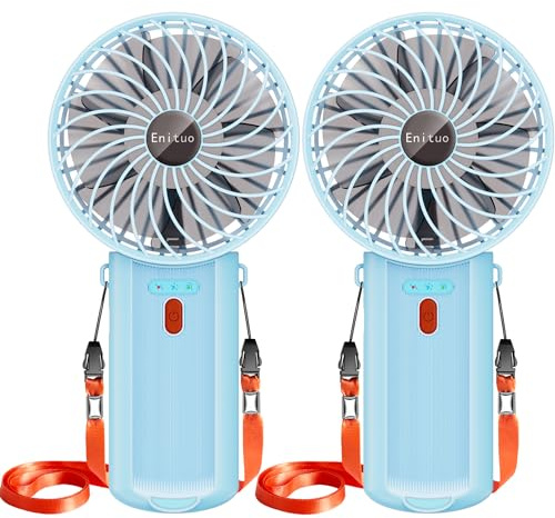 2 Pack Portable Fan Handheld Fan with Neck Lanyard, Battery Operated Electric Powered USB Rechargeable Fans, 6-15H Cooling, 180° Foldable 4 Speeds Mini Fans for Travel Outdoor Home Office, Light Blue