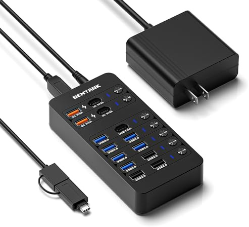 Powered USB Hub, SENTANK 14 Port USB 3.0 Hub Splitter (6 USB 3.0 Data Ports + 4 Fast Charging Ports) with Independent LED On/Off Switch, with 60W Power Adapter for Mac, PC