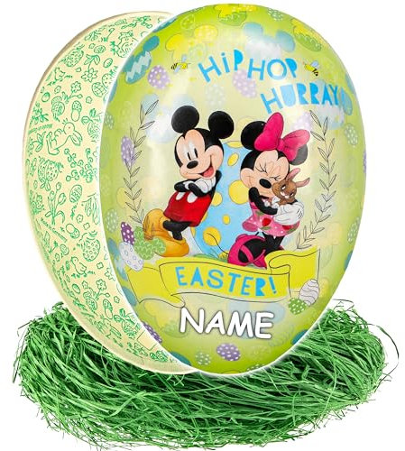 alles-meine.de GmbH 2 TLG. Set Ostergras & Füll - Pappei - 18 cm - Mickey Maus - inkl. Name - Osterei - Ei zum befüllen - Deko Pappe Papp Pappeier Dekoei Pappostereier Füllen -..