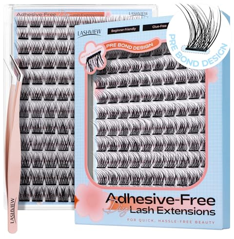 LASHVIEW Selbstklebende Wimpern, Press On 156Pcs Kein Kleber benötigt Wimpernbüschel Beinhaltet Büschel 1 Applikator Einfach aufzutragen Selbstanwendung zu Hause DIY Wimpernverlängerung Kit 10-16mm