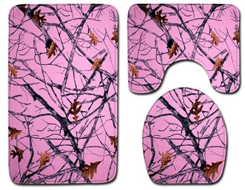 Bad Teppiche Set 3-Teiliges Rosa Zweige Blätter WC Vorleger Mit Ausschnitt Badematte Saugfähig WC Deckelbezug Badvorleger rutschfest Waschbar Toilettensitzbezug Badgarnitur (45x75cm)