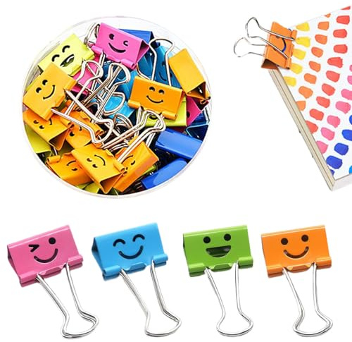 48 Stück Foldback Klammern 25mm Papierklammern mit Box | Bunt Lächeln Klammern Metall,Aktenklammern,Binder Clips,Metallklammern für Notizen Organisieren Einstufung
