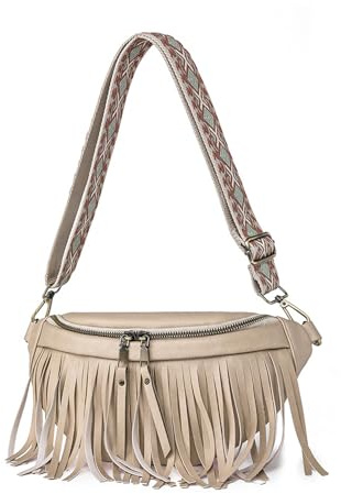 NICOLE & DORIS Kleine Umhängetaschen Damen Retro Schultertaschen PU Leder Satchel Tasche mit Quaste Crossbody Bag Brusttasche Fransentasche Beige