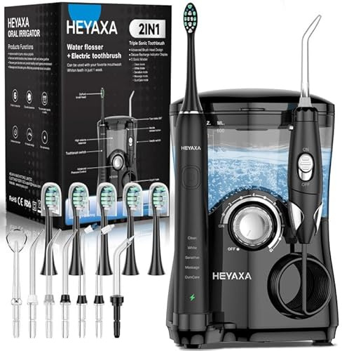 Combo de hilo dental de agua y cepillo de dientes eléctrico ultrasónico, cepillo de dientes dental de agua de 600 ml con 7 puntas de chorro, 10 presión de agua ajustables, 5 cabezales de cepillo de