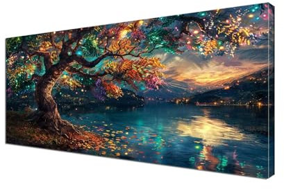 Baum Malen nach Zahlen See Malen Nach Zahlen Erwachsene Groß 50x100 cm Leinwand DIY Anfänger Handgemalt Ölgemälde Bastelset Erwachsene Mit Pinseln und Acrylfarbe für Room Decor (Ohne Rahmen) Y6-244