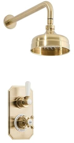 MILANO Thermostatic Mixer Valve 150mm Round Shower Head Arm Brushed Brass