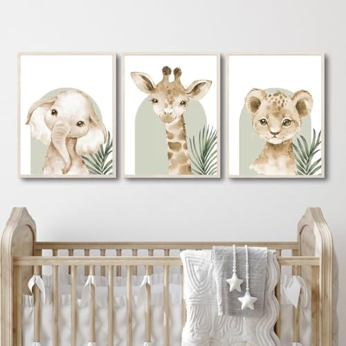 3 Grüne Bilder Kinderzimmer Jungen Dschungel Poster Tiere im Wald Löwe Giraffe Elefant Bild Babyzimmer Beige Grün Poster Safari Kinderzimmer Wandbilder Deko Waldtiere Leinwand 30 x 40 cm ohne Rahmen