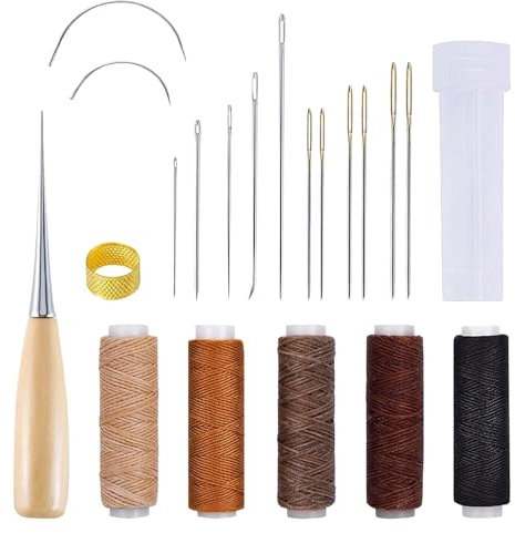 21 Piezas hilo para coser cuero Kit de Costura de Cuero, Agujas de Coser Kit, Agujas, Hilo Encerado y Dedal, Ideal para Reparar Tapicería y Tejidos Gruesos Accesorios Completos para Artesanía en Cuero