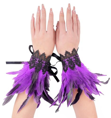 Blausky 1 Paar Federarmbänder Feder Manschetten,Feder Armband Spitze Fingerlose Handschuhe,Lange Federhandschuhe,Dekorative Federärmel für Halloween,karneval,Gotische Kleiderparty,Lila
