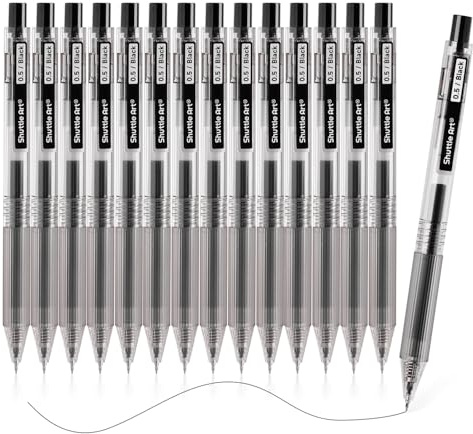 Shuttle Art 15 Bolígrafos Gel Negro, Bolígrafos Retráctiles de Tinta Negra (0,5mm), InkGlide Series de Punta Fina para Escribir Diario Tomar Notas Escuela Oficina Hogar