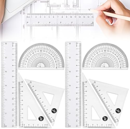 AUEFUDQ - Pack Reglas Escolares: Regla 15 cm, Escuadra, Cartabón y Transportador de Ángulos - Material escolar