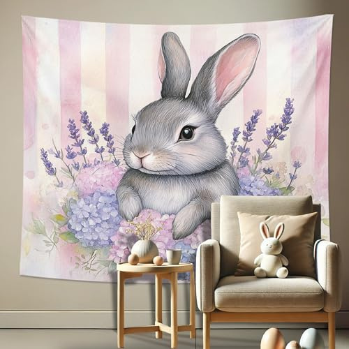 Arazzo floreale con coniglietto, lavanda viola e ortensia blu, da appendere alla parete, grazioso arazzo decorativo per soggiorno, camera da letto, estetica bohémien, 203 x 152 cm