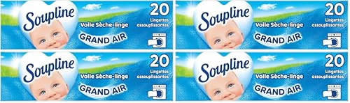SOUPLINE - Voiles Sèche-Linge Adoucissants Grand Air - Parfument agréablement le Linge - Lingettes à Disposer dans le Sèche-Linge - 20 lingettes (Lot de 4)