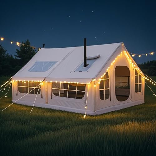 Aufblasbares Zelt für Camping Outdoor Zelt mit Luftpumpe, Familienzelt Großes Zelte Haus, 4-Saison Luftzelt Outdoor Wasserdicht Glampingzelt Schnellaufbau mit Ofenloch & Oberlicht