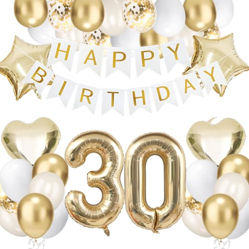 30 Geburtstagsdeko Gold, Folienballon 30 Happy Birthday Banner Hellgold Stern Herz Luftballons Sandweiß Gold Geburtstag Deko Konfetti Balloons fü Jahre Männer Frauen