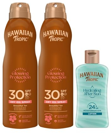 Hawaiian Tropic 2 x Glowing Protection Ölnebel LSF 30-177 ml + After Sun Hydrating Protection Reiseformat, 60 ml