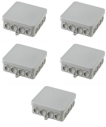 5 boîtes de jonction, extérieur IP55, carré 90 x 90 x 34 mm, boîte de câblage système électrique, étanche, gris, passe-câbles pour entrée de tuyaux rigides, ondulés et gaines en spirale