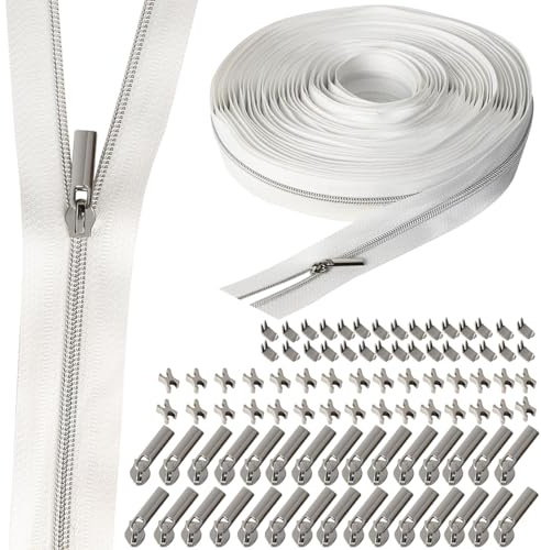 VOKABY 3# 9 M Cerniera Lampo,Cerniere in Nylon per Cucito a Metro,Inclusi 30 Tiretti per Cerniere in Metallo,60 Fibbie di Arresto Superiori Inferiori per Cerniere (Bianco-Argento)
