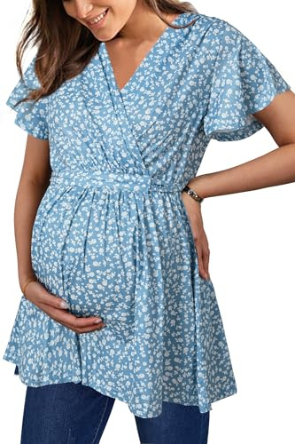OUGES 2025 Womens Maternity Nursing Tops/Shirts Short Sleeve Wrap V Neck Tie Back Pleat Peplum Maternity Clothes/Tunic Casual Pregnancy Blouse(Floral7,M)