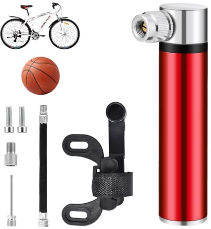 Klein Fahrrad Luftpumpe Tragbare Mini Fahrradpumpe 120PSI Hochdruck Fahrradpumpe Leicht Aluminiummit Bike Pump mit Rahmenhalterung für Rennrad Mountainbike Fußball Basketball Volleyball, Rot