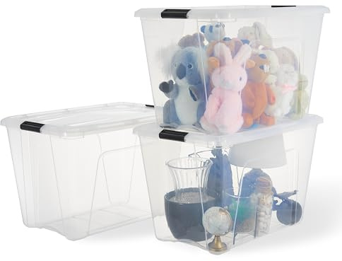 Iris Ohyama, Kunststoff-Aufbewahrungsbox mit Deckel, 55L, 3er Pack, Transparent, 98% recycelter Kunststoff, Verschlussclips, Griff, Stapelbar, pürs Schlafzimmer, Büro, BPA-frei, BSB-55
