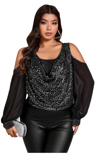 WDIRARA Women's Plus Size Floral Embroidered Tees Sheer Mesh T Shirt Cold Shoulder Long Sleeve Tops Glitter Black 3X-Large Plus