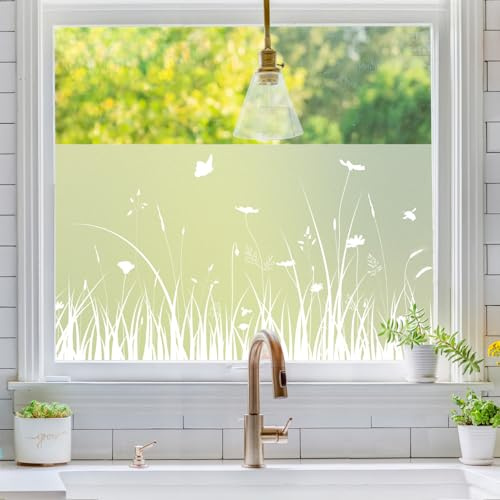 dktie Fensterfolie Blickdicht Sichtschutzfolie Der Wind weht das Gras Statische Aufkleber ohne Klebstoff Wiederverwendbar Geeignet für Wohnzimmer, Schlafzimmer, Küche 44.5x200cm