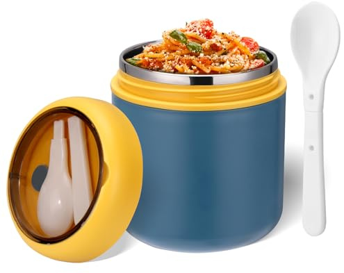 Mity rain 16oz Insulated Thermo Food Container for Hot Food - Leak-Proof Stainless Steel Kids Thermo for with Wide Mouth & Foldable Spoon, Suitable for Hot & Cold Foods, Lunches, Soups, Travel (Blue)