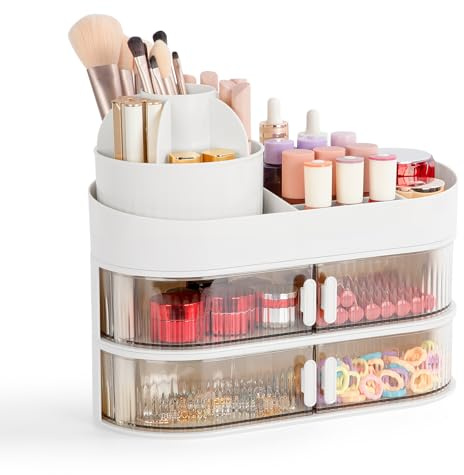 FoiiLiio Make Up Kosmetik Organizer mit Drehbarer Schubladen, Beauty Makeup Organizer Schminktisch, Erfekte Aufbewahrungslösung für Ihre Schönheitsprodukte für Frisiertisch Bad und Schlafzimmer (Weiß)