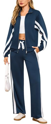 Terecey Trainingsanzug Damen Set Jogginganzug Zweiteiler Frauen Sport Anzug Freizeitanzug Stehkragen Jacke mit Taschen & Kordelzug Sporthose Winter Tracksuit Herbst Loungewear, Jeansblau M