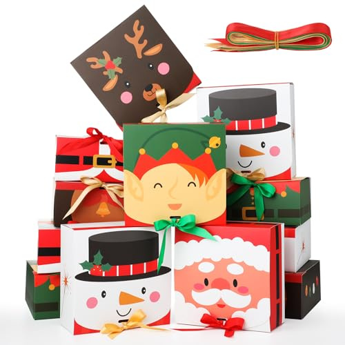 Bekeify 12 Piezas Cajas para Tartas de Navidad 17.5x17.5x8 CM Caja de Cartón con Cinta Cajas de Galletas Caja de Regalo Fiestas Navideñas para Cupcakes Dulces Bombones y Postres