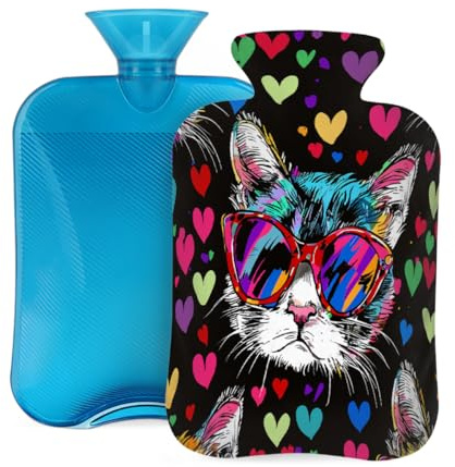Myfsucce Wärmflasche mit Bezug, Motiv: niedliche Katze, buntes Herzmuster, wiederverwendbar, PVC, zur Schmerzlinderung, Krämpfe und Wärme, 31 x 20,3 cm, 2 l