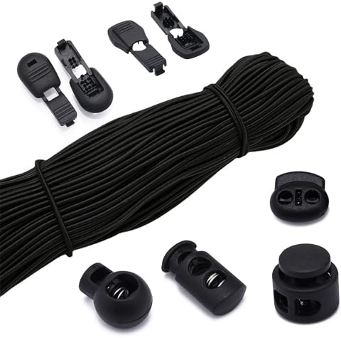 YOYEAH 10m Cordón Elástico 3mm & 40 Cord Stopper Set - Cordón de Goma Elástico, Banda Elástica Redonda, Cuerda de Goma con Abrazaderas para Mochila, Ropa, Tendederos (Negro)