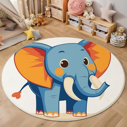 Kinderteppich Kinderzimmer Zeichentricktiere Süßer Elefant Kinder Teppich Babyzimmer Weicher Flor,Blau, 80cm Rund für Kinderzimmer, Babyzimmer und Spielzimmer