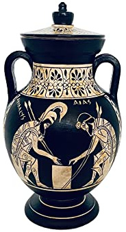 Greek Vase Amphora with lid,Ajax and Achilles,White figure Pottery 19cm