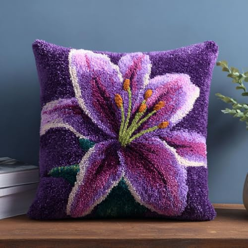 Henypt Knüpfkissen-Set, Lila Lilien Kreuzstich Knüpfkissen Zum Selber knüpfen Kissen Set,DIY Knüpfteppich Knüpfpackung,Knüpfhaken Set,43x43cm