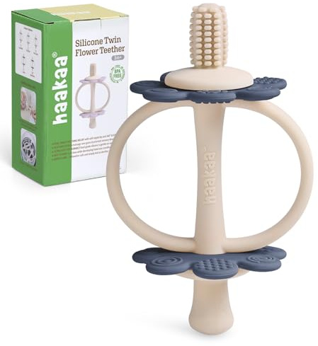 haakaa Baby Bitring i Silikon, 2-i-1 Bitleksak med Nappformad Ände och 360° Borsthuvud, Tandköttsmassage, Lätt att Greppa, Stålblå