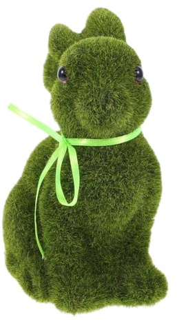 Angoily Green Flocked Moss Bunny Statue - Medium Grass Easter Rabbit Figurine - 15.5cm Fake Turf Animal Ornament for Spring Indoor Table Centrepiece Home Office Desk and Bookshelf Decor