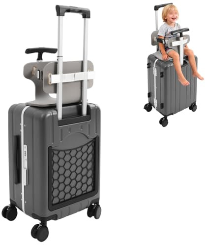 MARTEXBUY Carry On Luggage, 20 Double Handle Suitcase with Net Pocket, Hard Shell Kids Ride On Luggage, Travel Trolley Case with Seat Belt, Wheels & TSA Lock (Dark Grey)